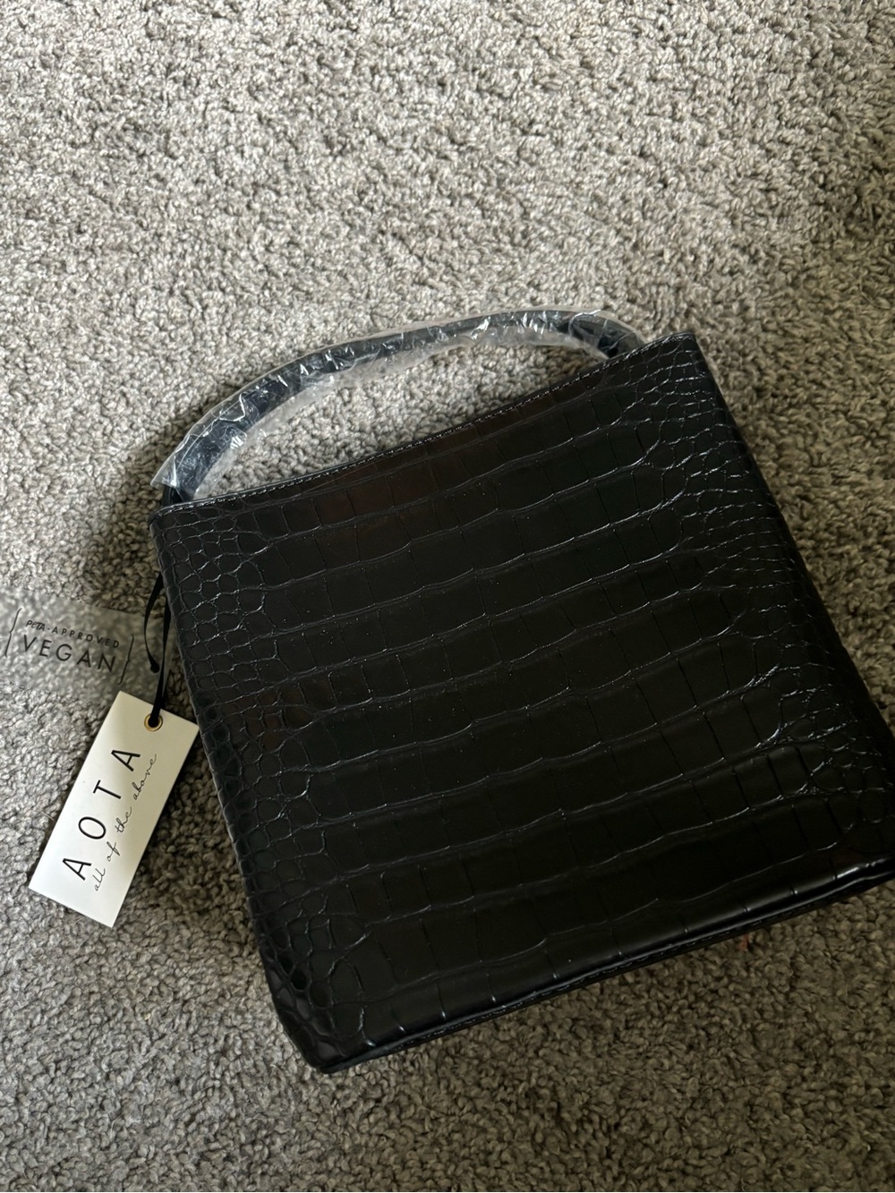 AOTA Black Croc-Embossed Vegan Shoulder Bag